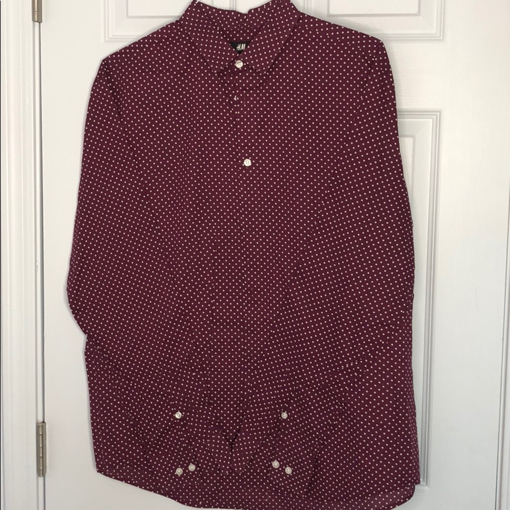Large white polkadot button down